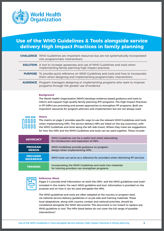 Use of the WHO Guidelines & Tools alongside service delivery High